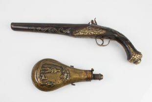 A 19th century flintlock pistol (possibly Turkish/North African) - with 10 3/8in smooth bore barrel,