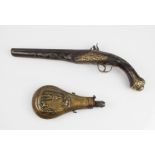 A 19th century flintlock pistol (possibly Turkish/North African) - with 10 3/8in smooth bore barrel,