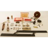 A small box of collectables - including a 19th century corkscrew; two Victorian silver prize medals;