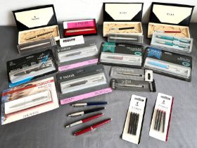 A collection of Parker pens - mostly 1980s-90s, most boxed, including three Parker 15 fountain pens;