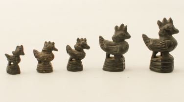 Five Oriental bronze opium weights - 20th century, of typical Mandarin duck form, height from 2.