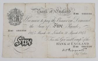 A British 1945 Bank of England five pound banknote - signed K. O. Peppiatt, serial no. H80 080338,