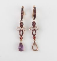 A pair of 8ct rose gold, white stone, amethyst and garnet drop earrings - marked '333', with post