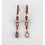 A pair of 8ct rose gold, white stone, amethyst and garnet drop earrings - marked '333', with post