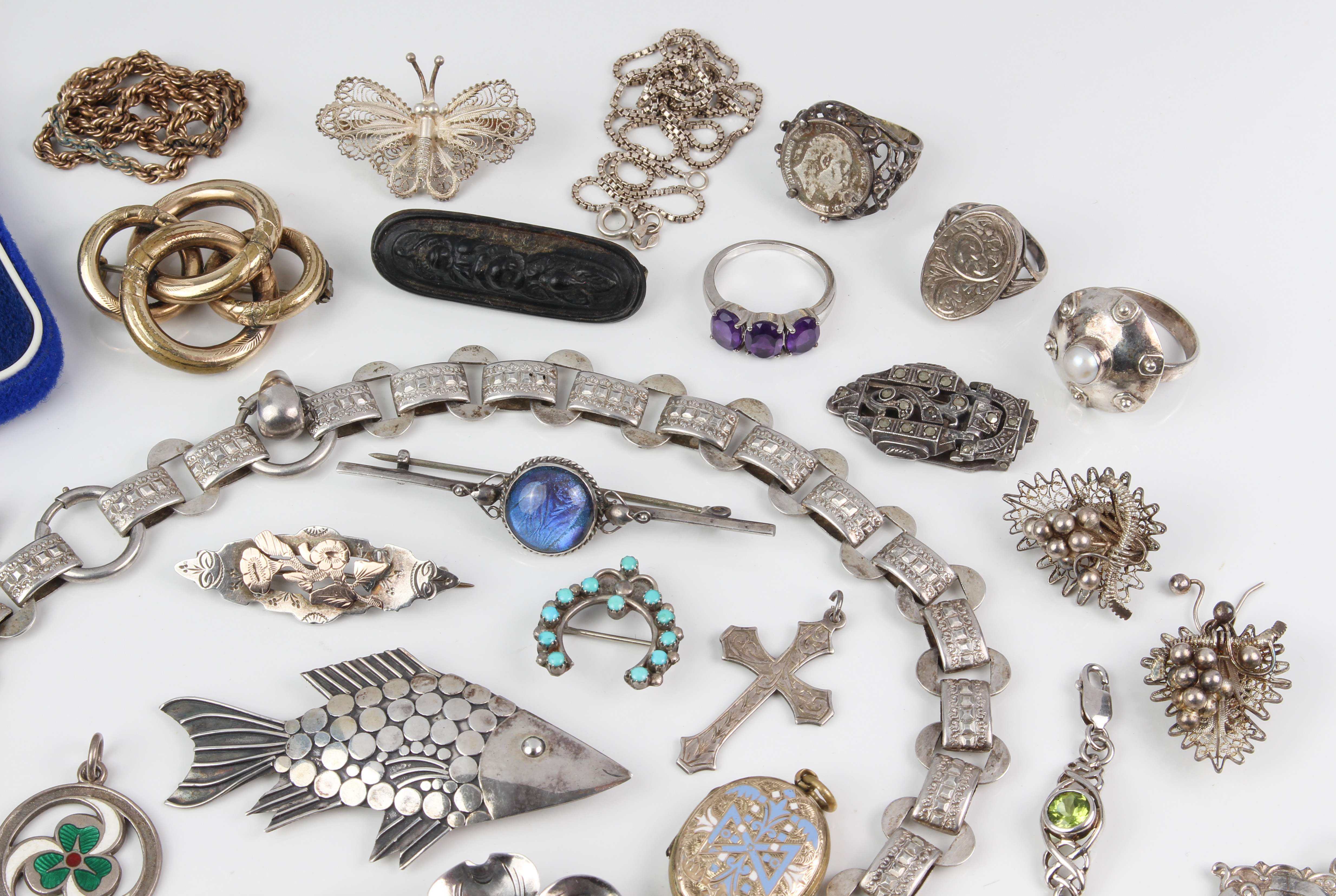 A collection of vintage silver jewellery - 1930s-80s, including rings, a chunky fancy link necklace, - Image 4 of 4