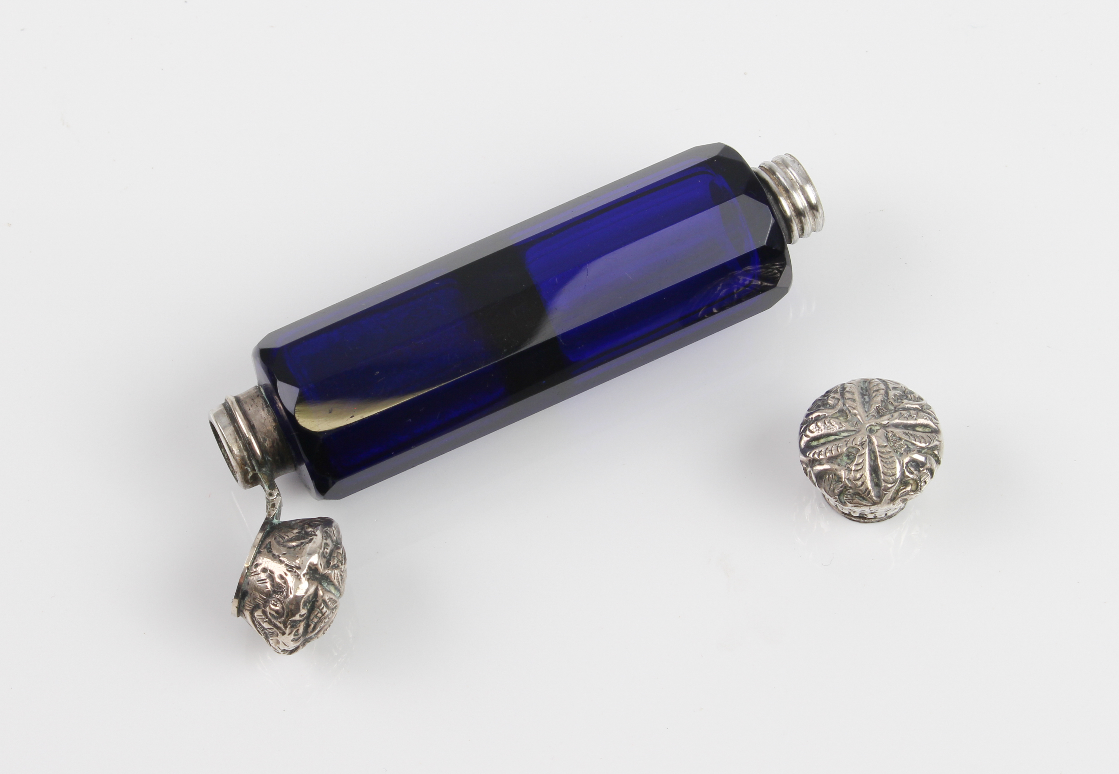 Two Victorian blue cut-glass blue double-ended scent bottles - with white-metal tops, one hinged, - Image 2 of 3