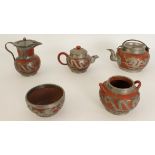 A Chinese pewter mounted Yixing red terracotta five-piece tea service - early 20th century,