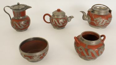 A Chinese pewter mounted Yixing red terracotta five-piece tea service - early 20th century,