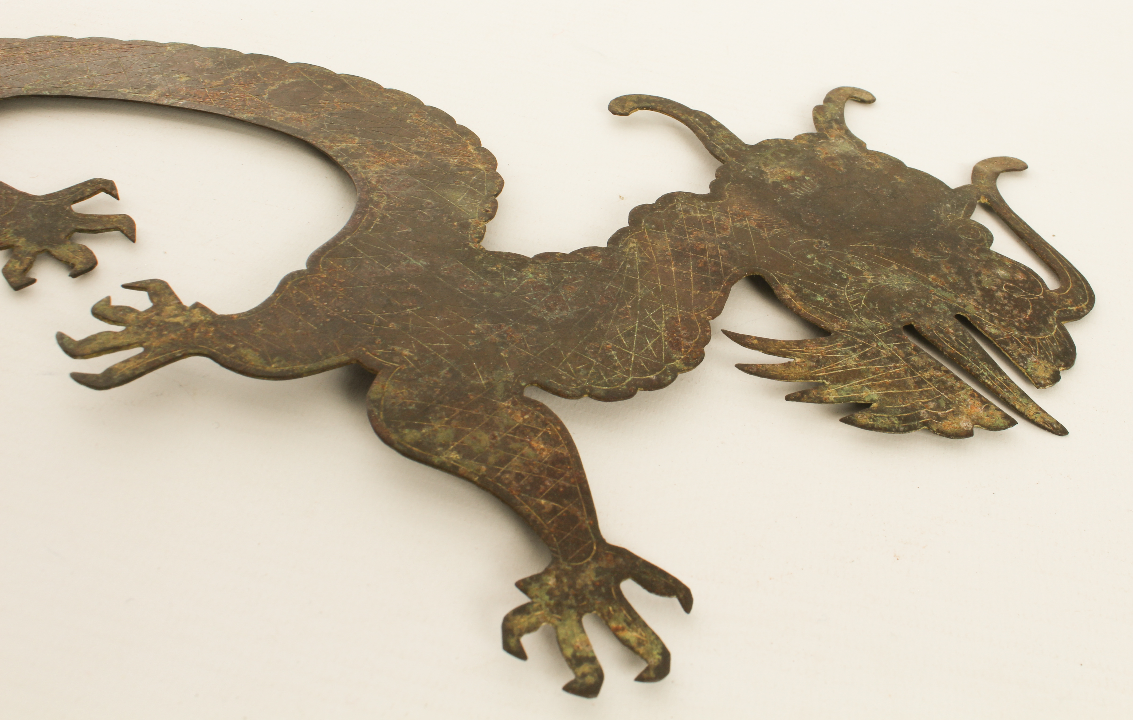 A Chinese bronze dragon plaque - probably 19th century, the long bodied, four-toed dragon with - Image 2 of 6