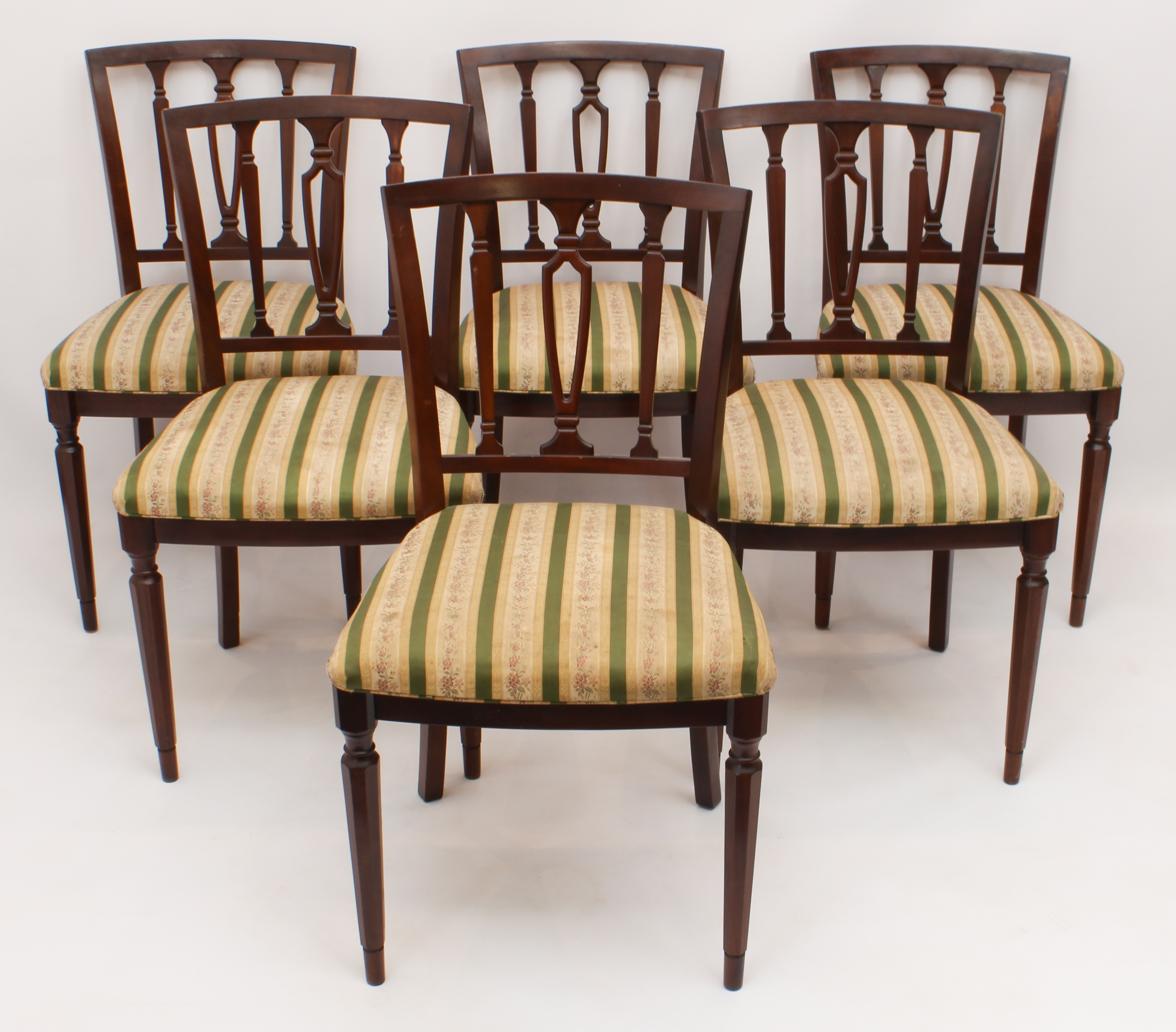 A set of six Regency-style mahogany dining chairs - late 20th century, the flared backs with pierced