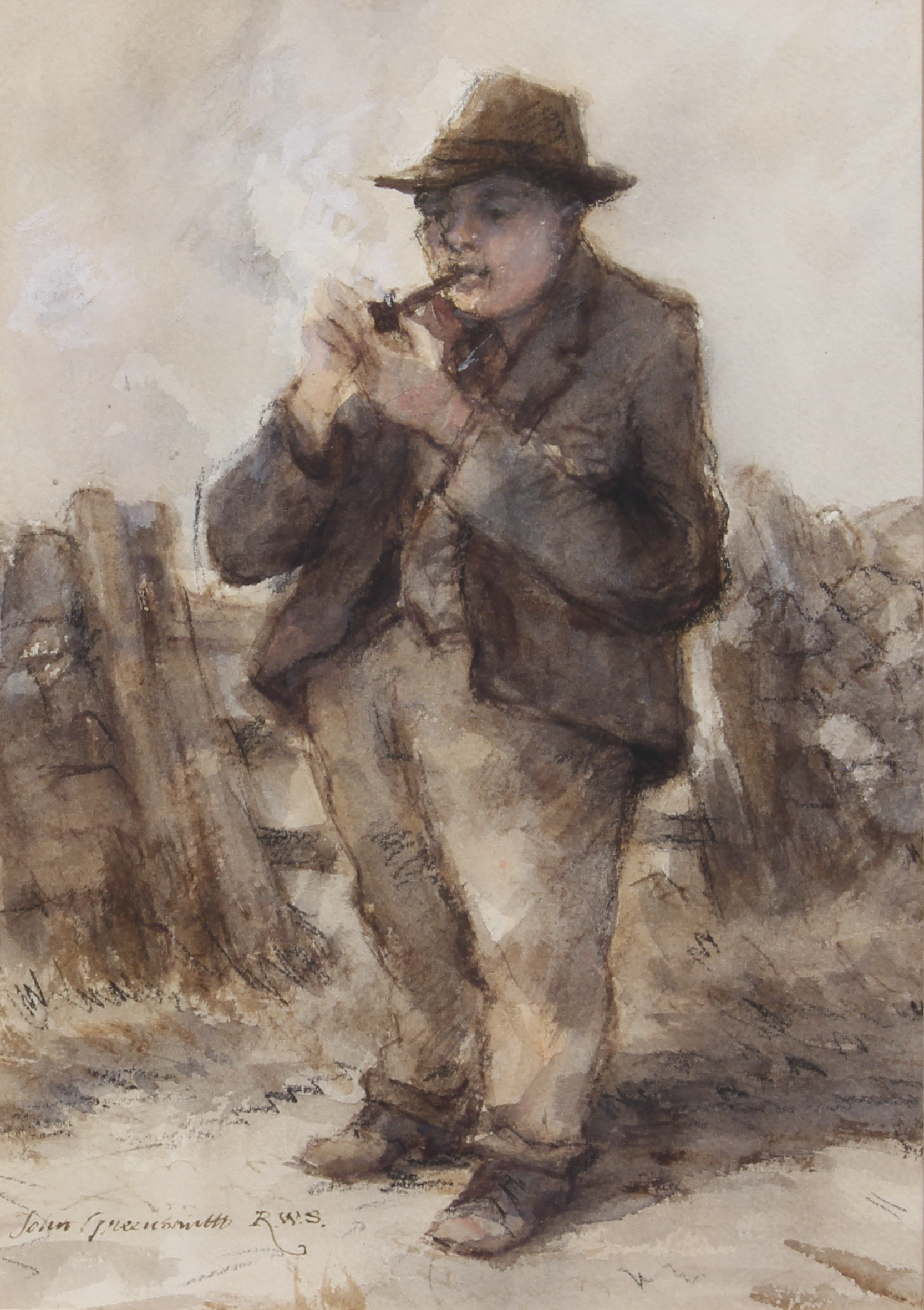 John Greensmith RWS NEAC ARCA (British b.1932) 'A Bakewell farmer and his pipe!' watercolour, signed