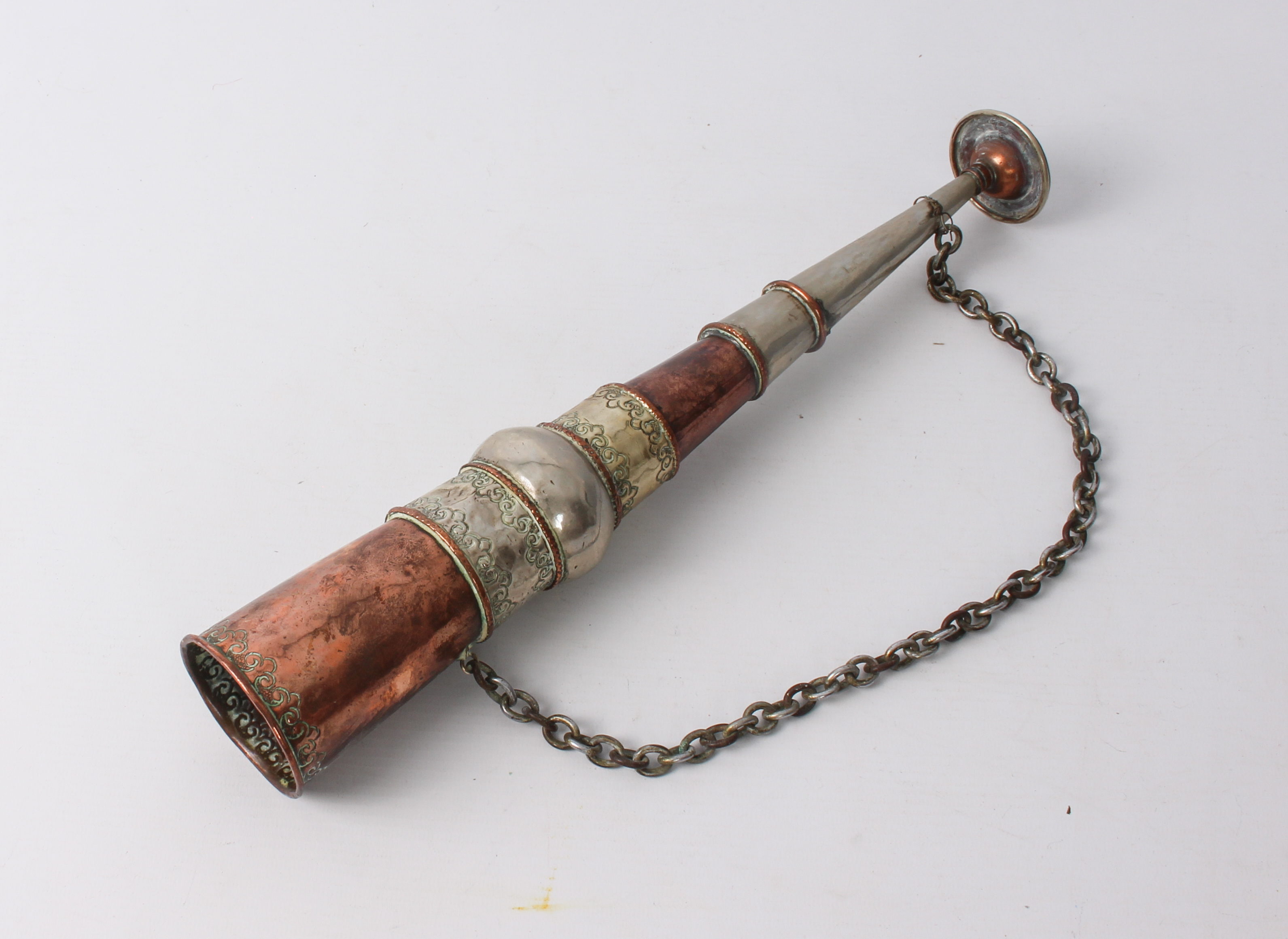 A Turkish copper, brass and white metal powder flask - 20th century, drum-shaped with cylindrical - Image 5 of 5