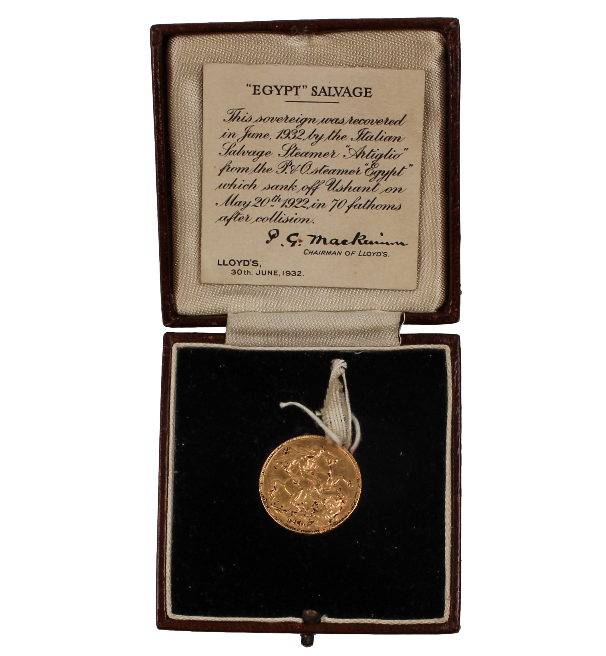 A 1907 gold sovereign in its Lloyd's of London gilt-tooled leather fitted case and complete with its