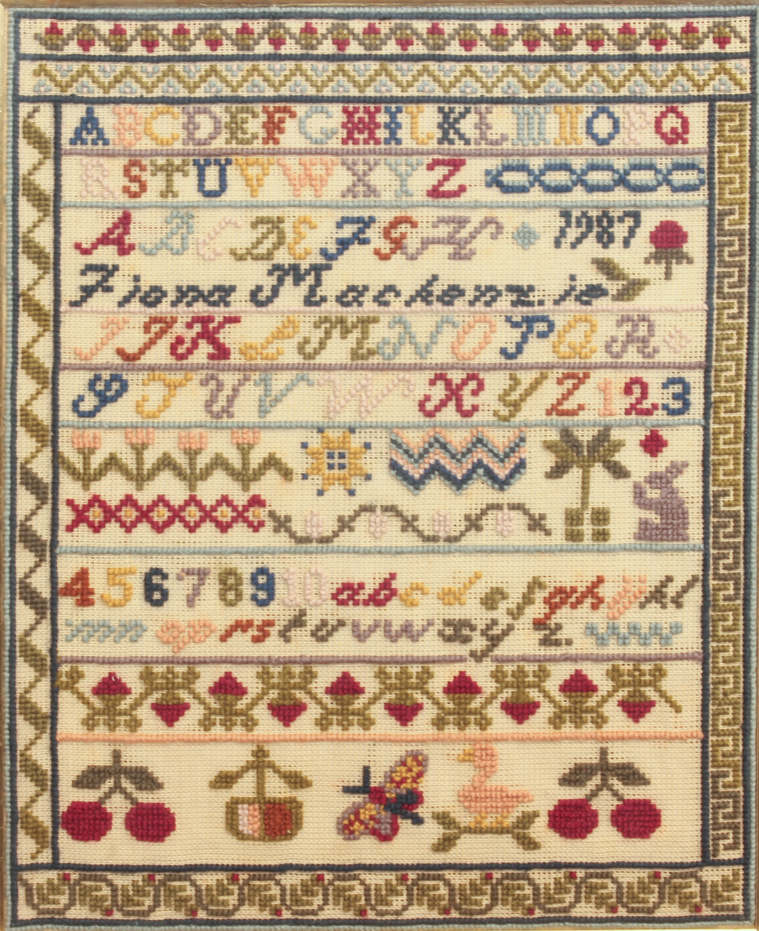 A 20th century sampler - inscribed 'Fiona Mackenzie 1987', with alphabet and numerical panels over - Image 2 of 3