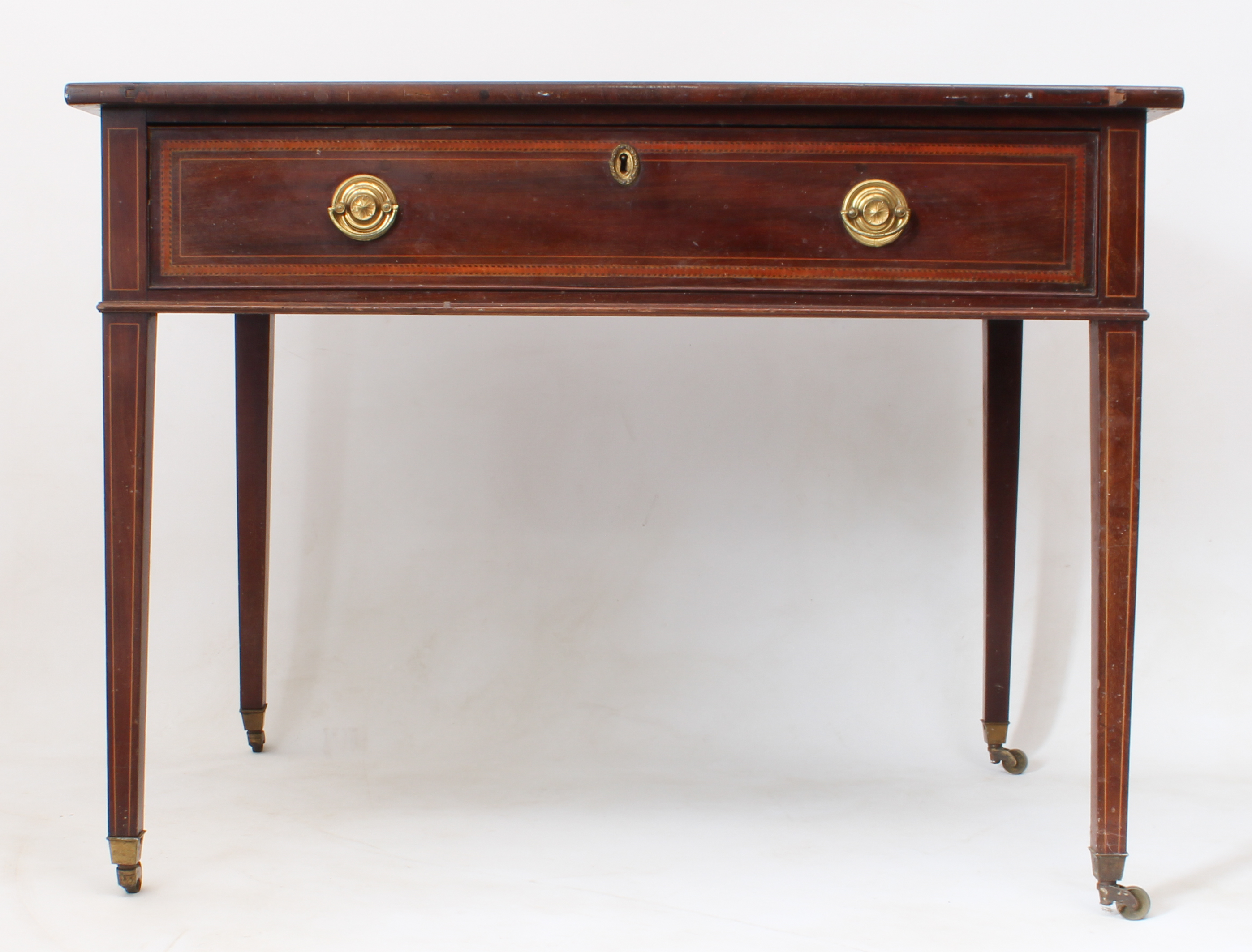 A Regency mahogany writing table - the rectangular top with barber's pole banding and inset tooled - Bild 3 aus 5