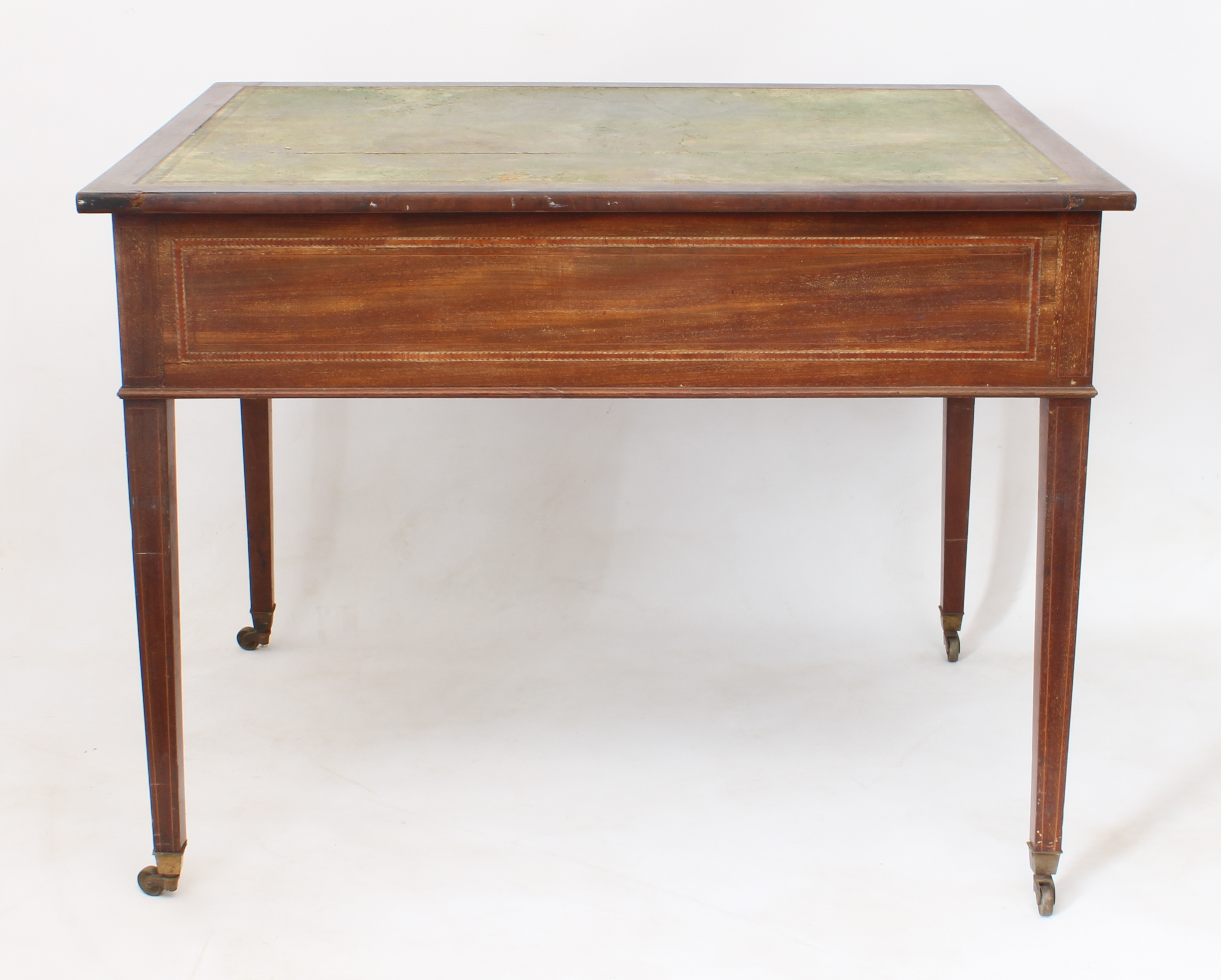 A Regency mahogany writing table - the rectangular top with barber's pole banding and inset tooled - Bild 5 aus 5