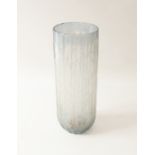 A large frosted glass art vase - of tall, cylindrical form, in clear glass with very pale steel blue
