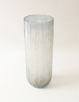 A large frosted glass art vase - of tall, cylindrical form, in clear glass with very pale steel blue