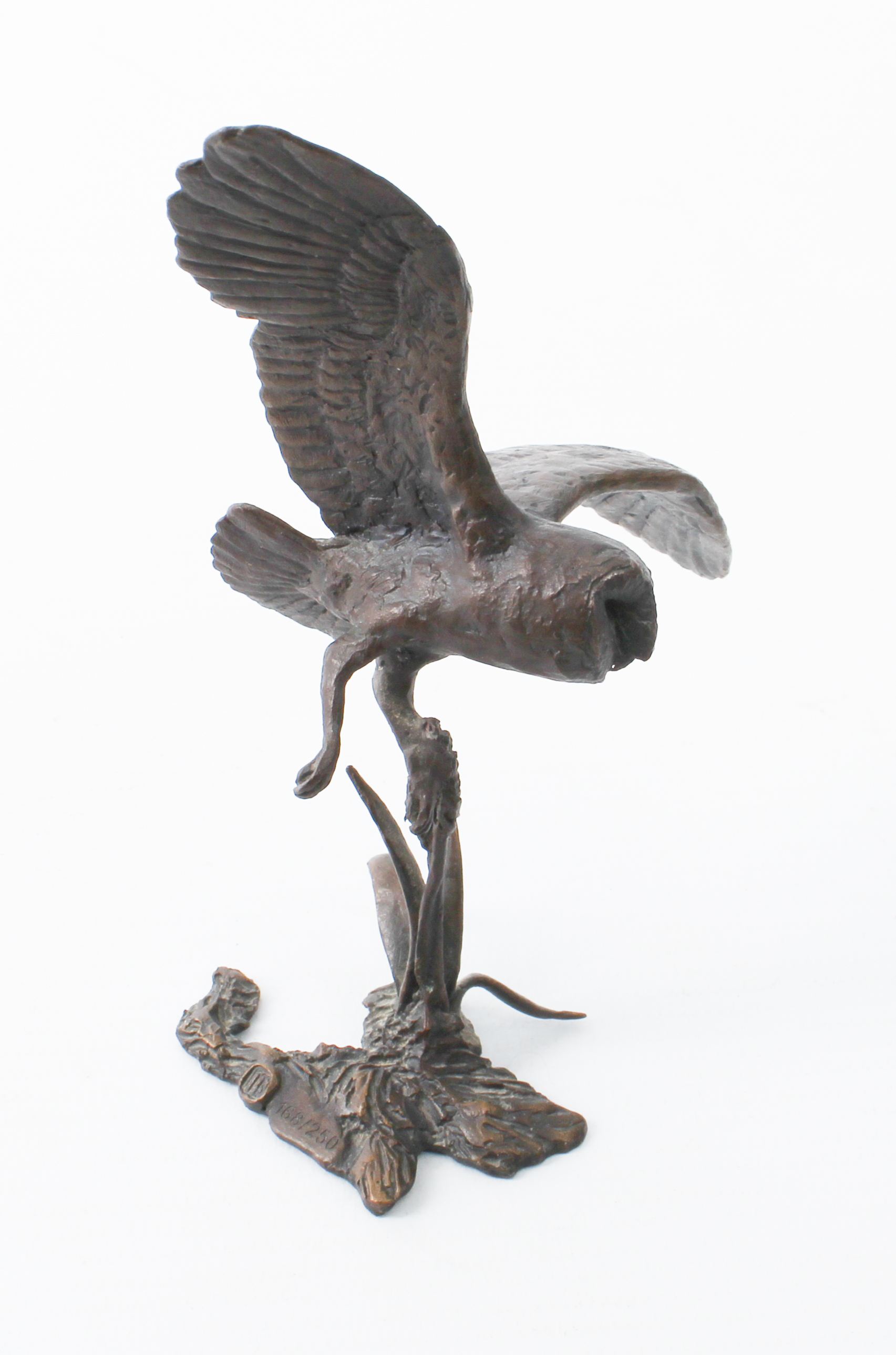 Two bronze owl figures: 1. late 20th century, modelled with wings outstretched, landing upon a - Image 2 of 4