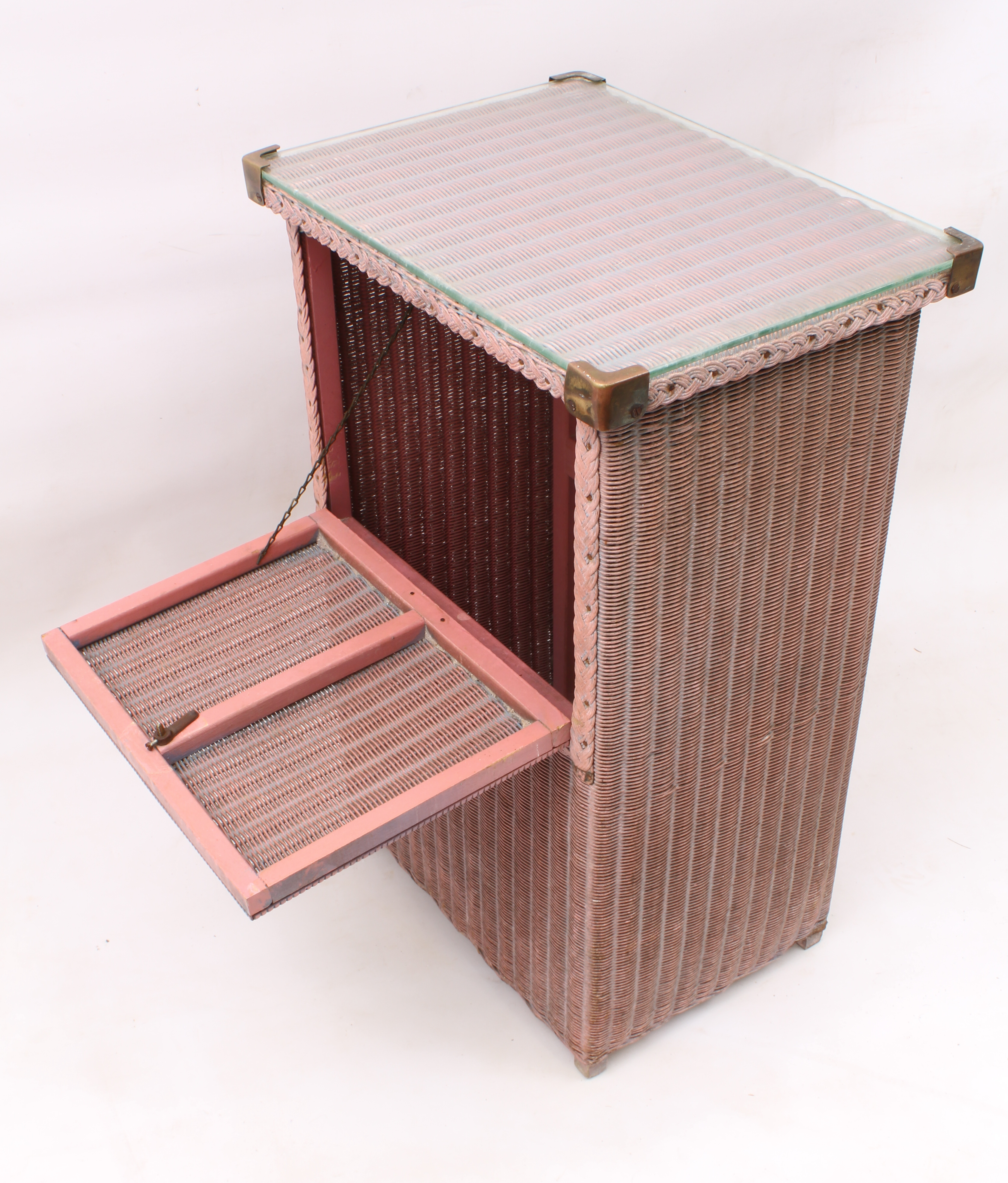 Two  pieces: 1. a mid-century Lloyd Loom style linen box, with glass top and drop-down front - Image 5 of 5