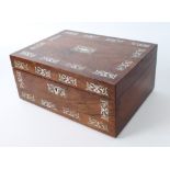 A Victorian rosewood and mother of pearl work-box - the rectangular box with foliate-scroll mother