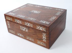 A Victorian rosewood and mother of pearl work-box - the rectangular box with foliate-scroll mother