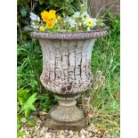 A pair of cast iron urns - 40cm diameter, 48cm high overall (both with losses to top edge and base).