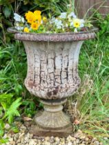 A pair of cast iron urns - 40cm diameter, 48cm high overall (both with losses to top edge and base).