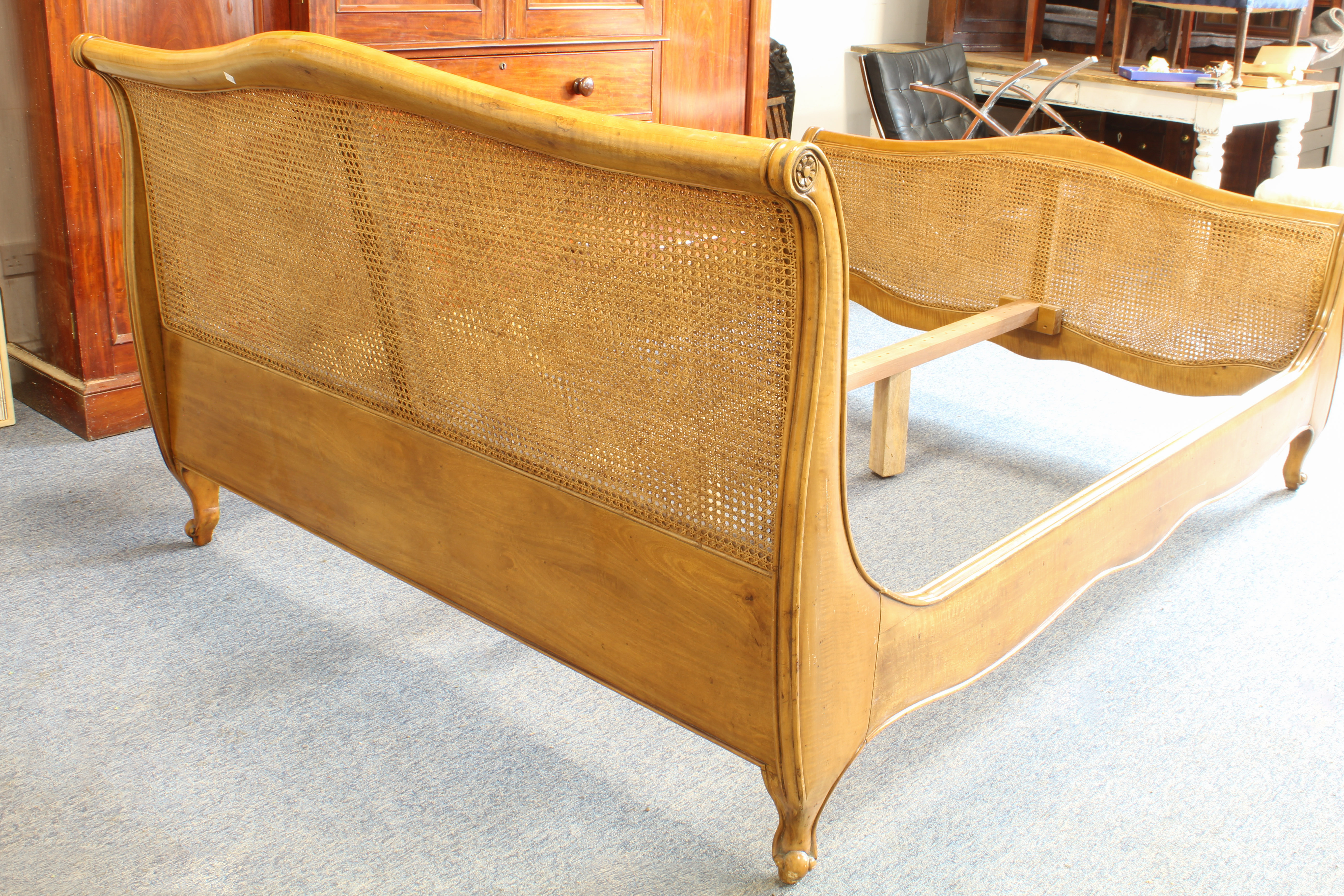 A caned pale mahogany king size sleigh bed - in the French 19th century style, modern, the camel- - Image 4 of 4