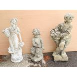 Three composite stone garden ornaments - comprising a flower girl, 75 cm high; a classical maiden,