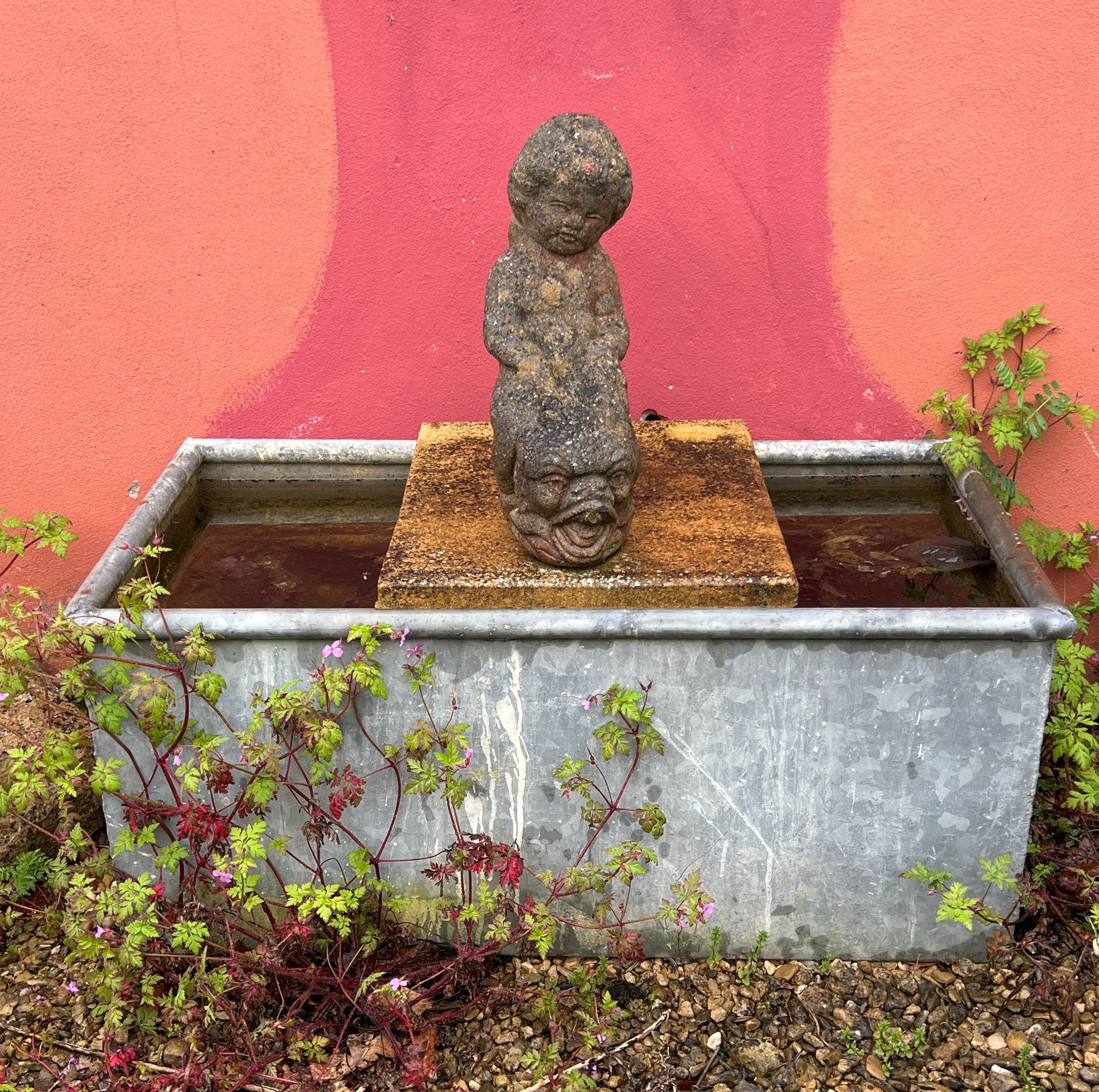 A galvanised metal water trough - 95 x 49cm, 42cm high (stone figure in photo not included)