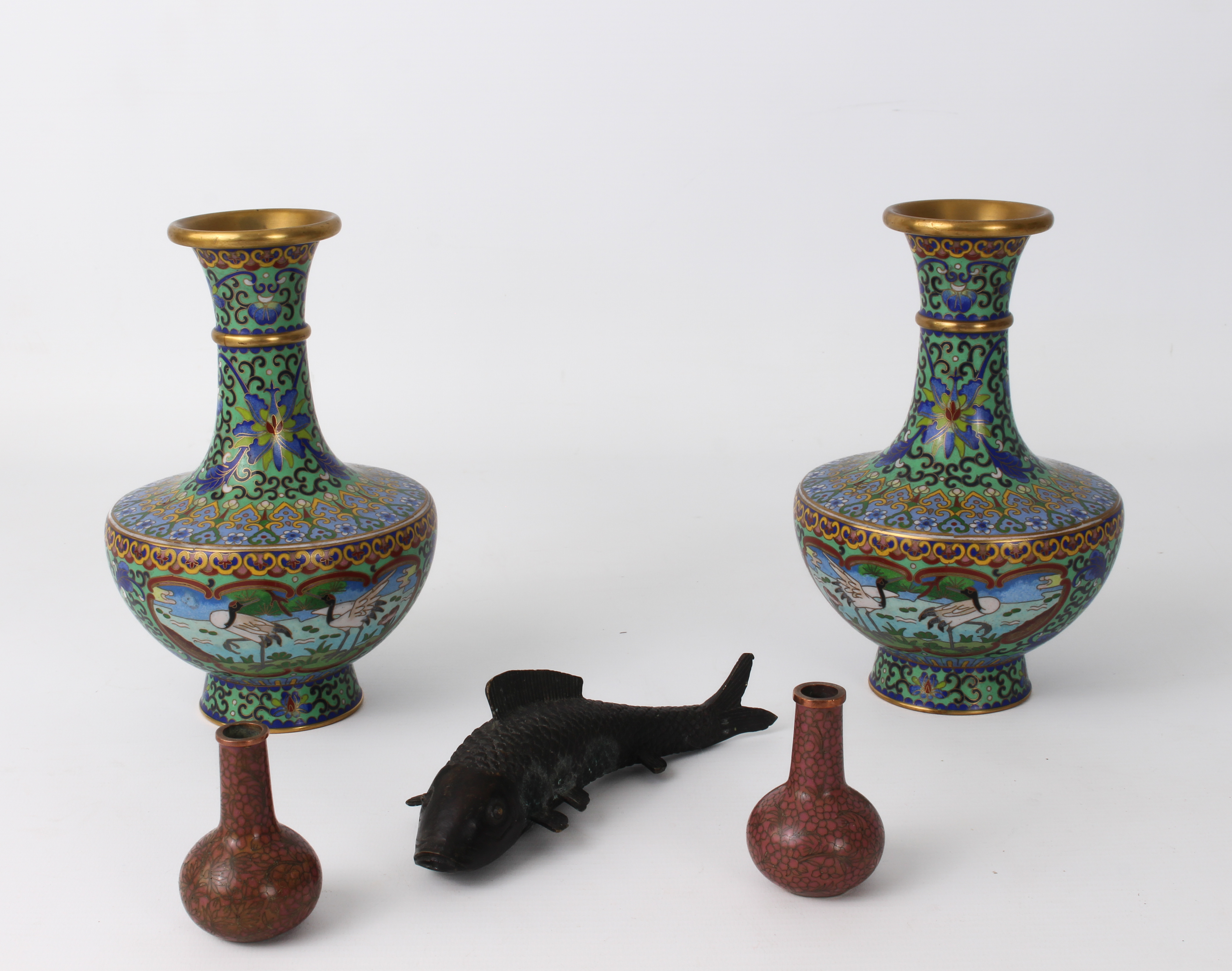 Two pairs of modern Chinese cloisonné vases and a bronze figure of a fish:  1.  baluster form,
