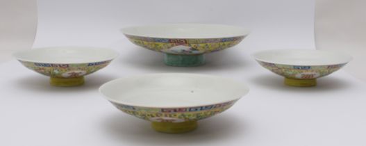 A set of three Chinese porcelain famille jaune dishes - first half 20th century, of shallow cupped