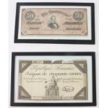 A glazed 19th century American Civil War Confederate $50 note and a French Revolution Republic 50