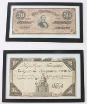 A glazed 19th century American Civil War Confederate $50 note and a French Revolution Republic 50