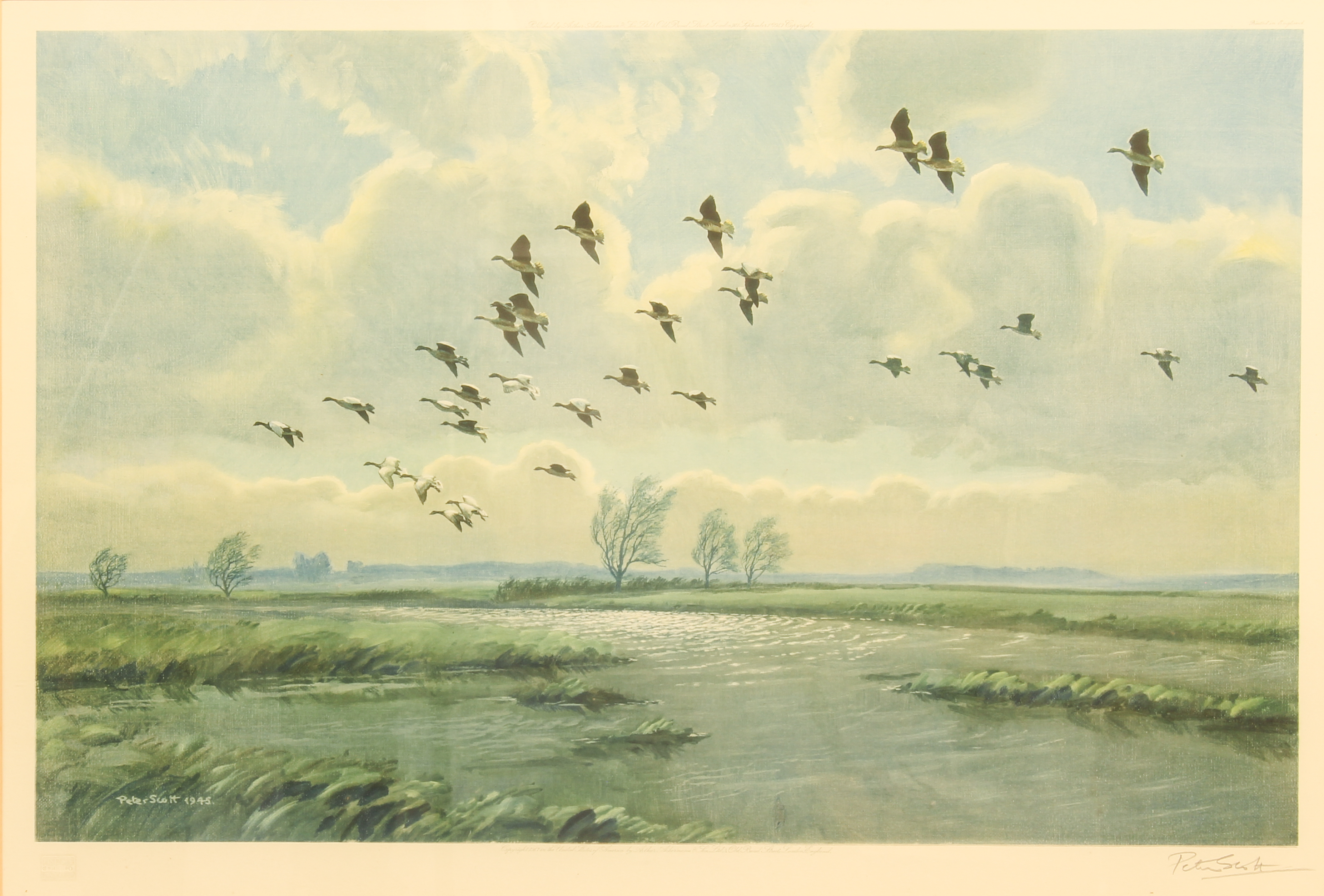 Peter Scott (British, 1909-1989) Geese in flight over salt marshes limited edition colour - Image 2 of 3