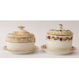 Two 19th century English porcelain oval sugar boxes and closely matched stands - one decorated