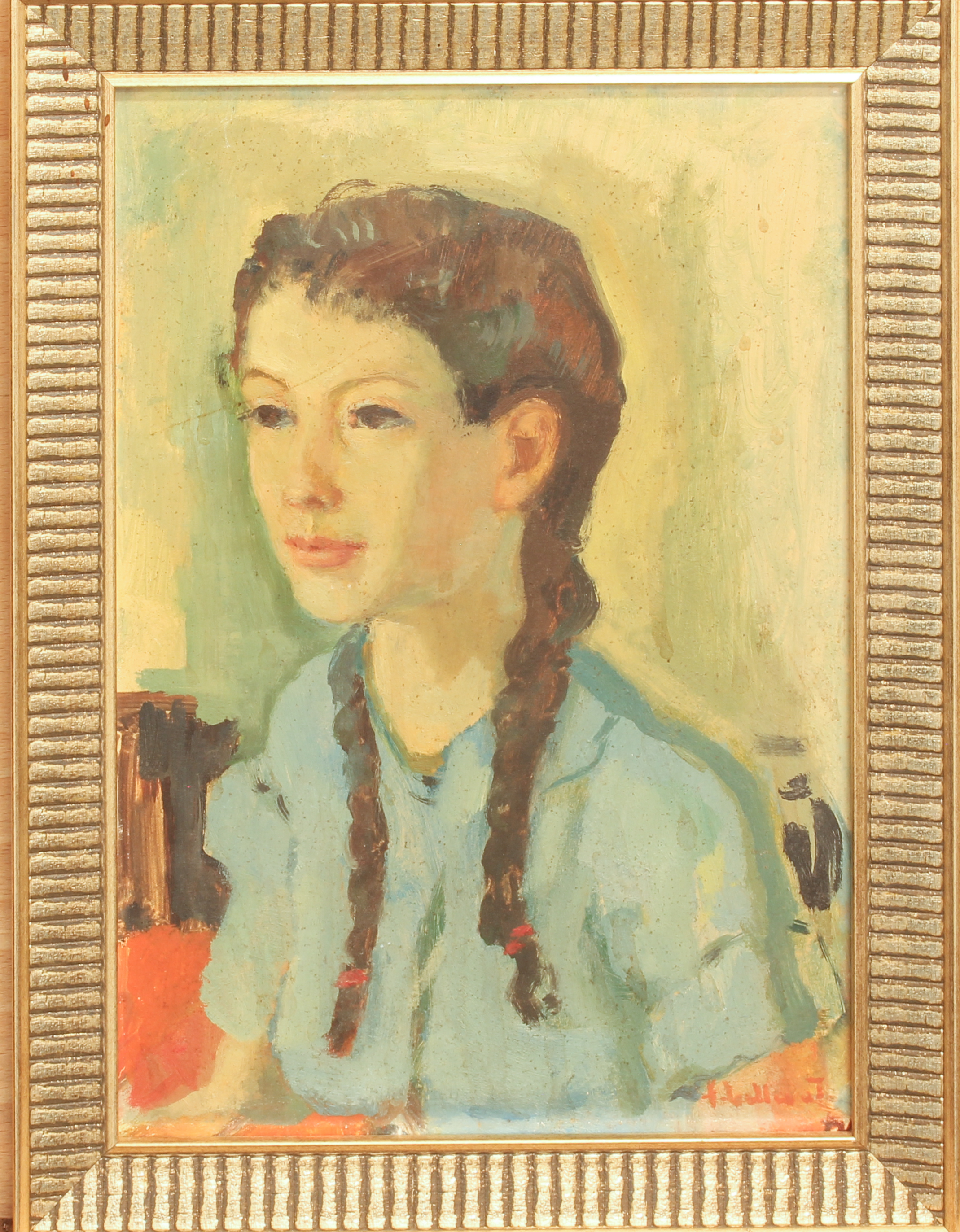 English School (mid-20th century) Portrait of a girl in a blue blouse oil on board, signed - Image 2 of 3