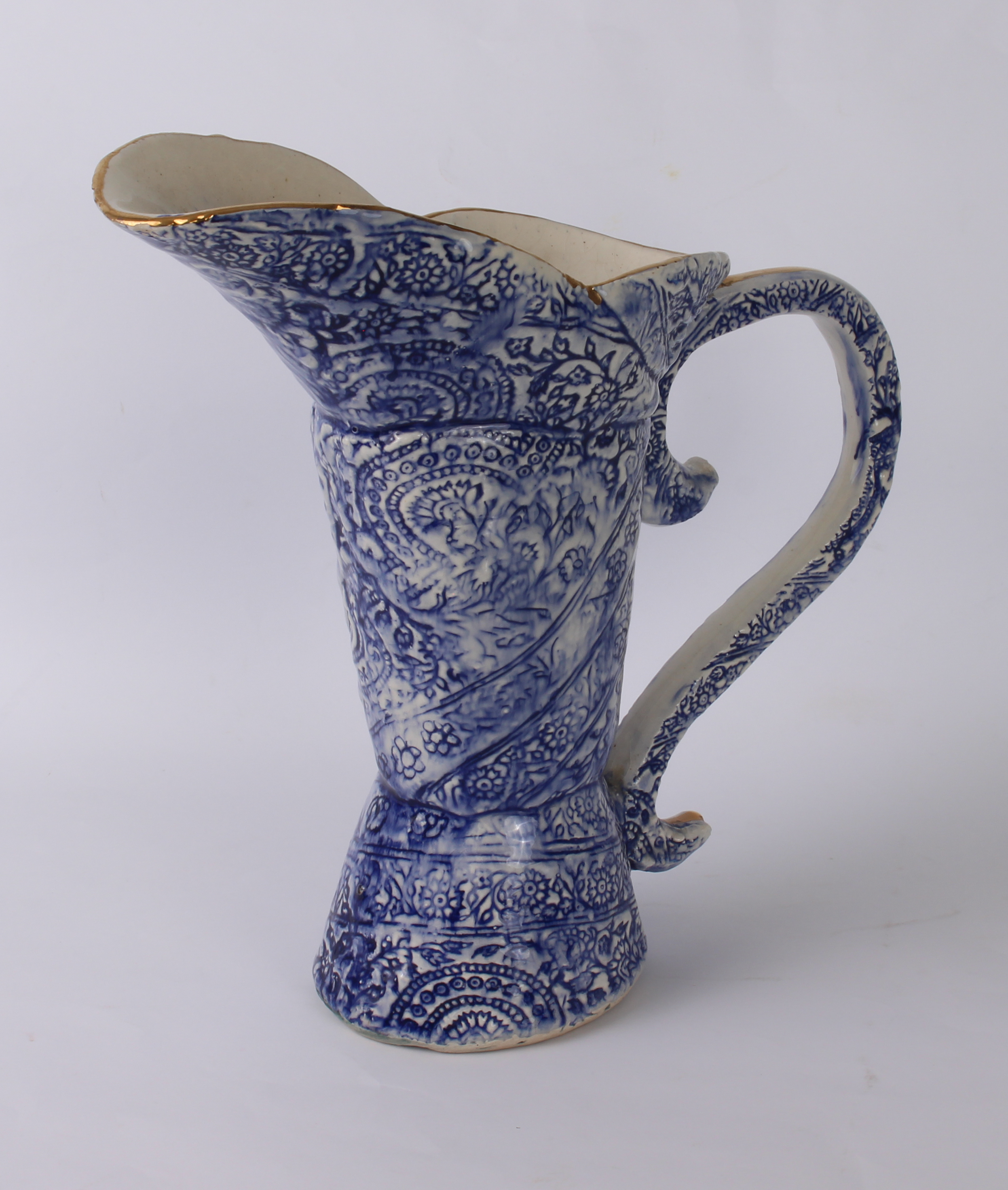 An unusual Continental blue and white pottery ewer - with three-part boot-shaped body and S-scroll - Image 2 of 4