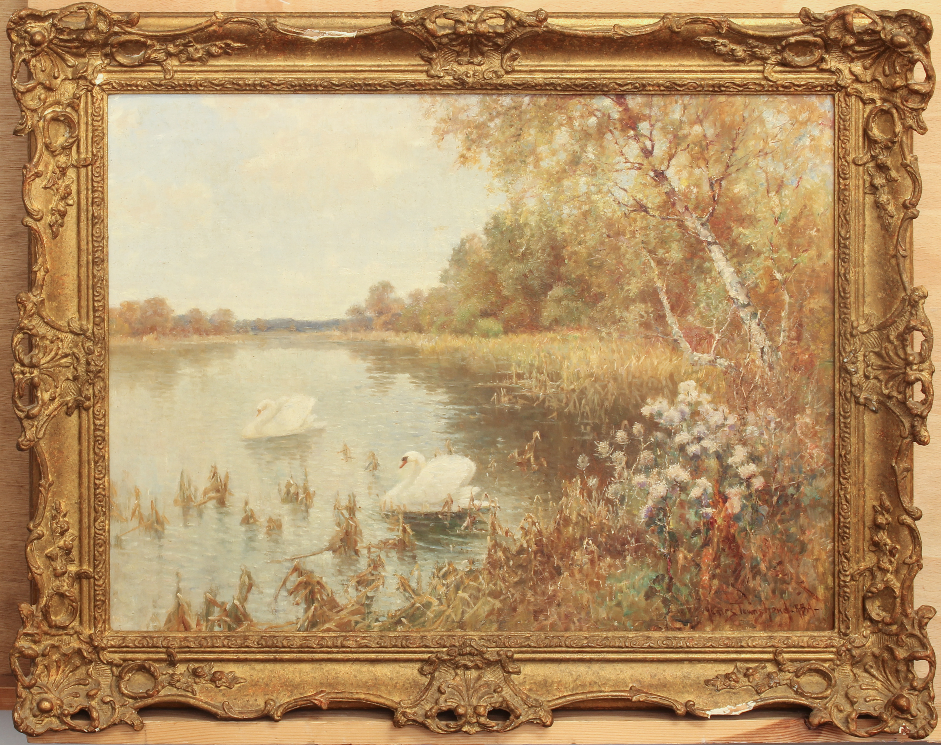 James Townshend, RBA (British, 1869-1949) Swans on a wooded lake oil on board, signed lower right 18 - Image 2 of 3