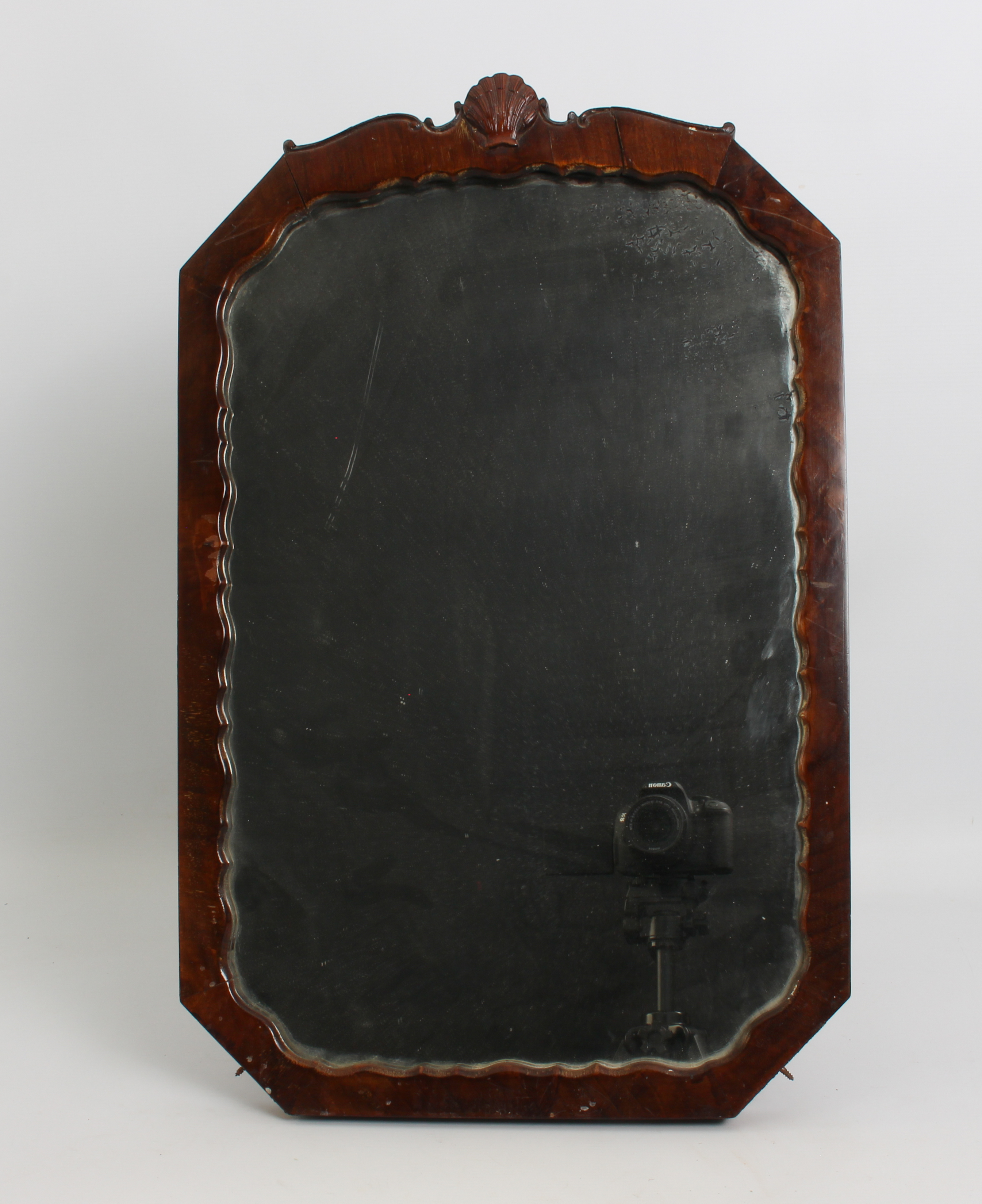 A 1930s octagonal walnut easel back mirror - the frame with serpentine sight edge and shell - Image 4 of 4