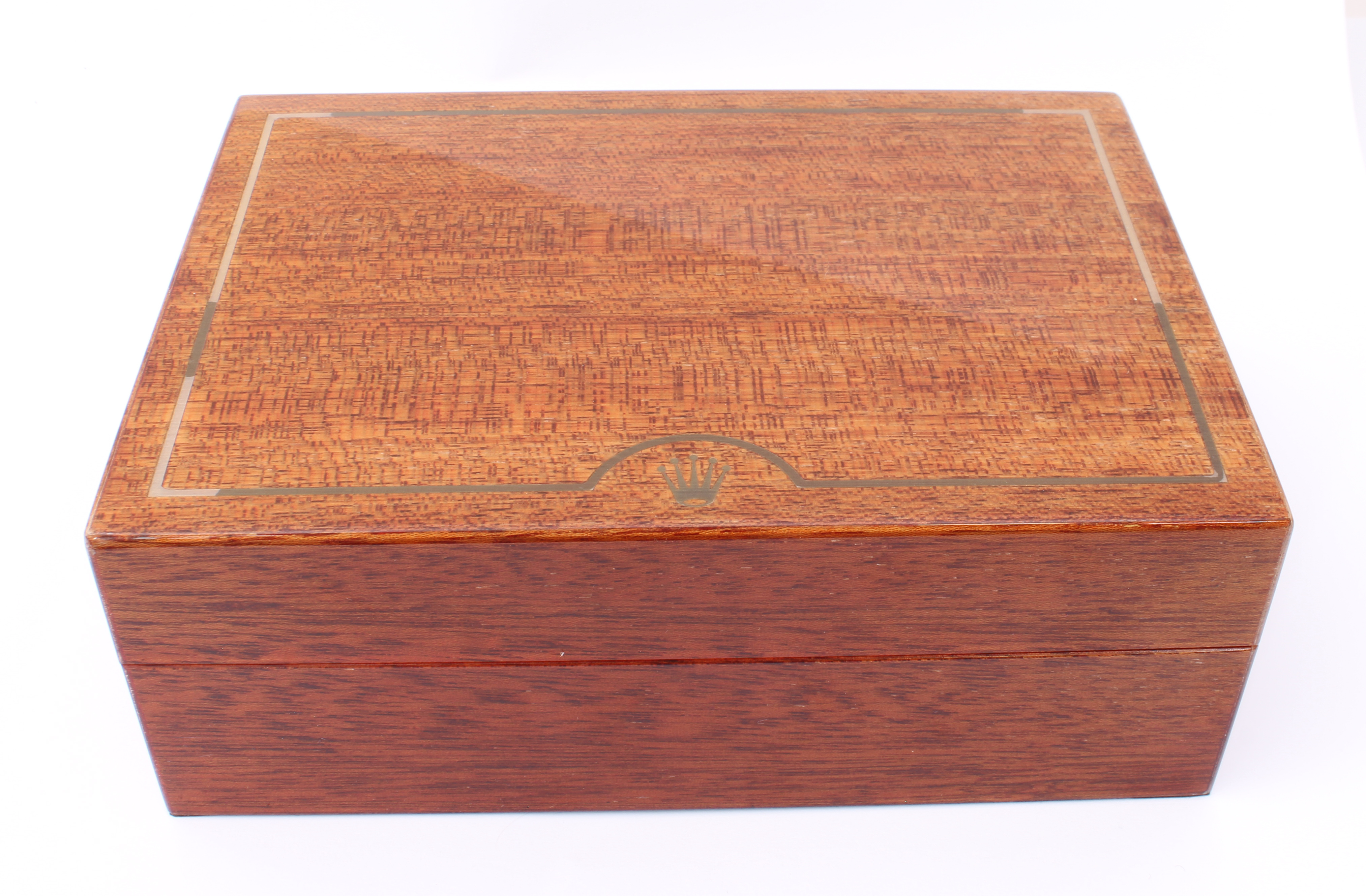 A Rolex brass inlaid wooden watch box - with brushed gilt -etal 'Rolex' plaque inside lid, green - Image 4 of 5