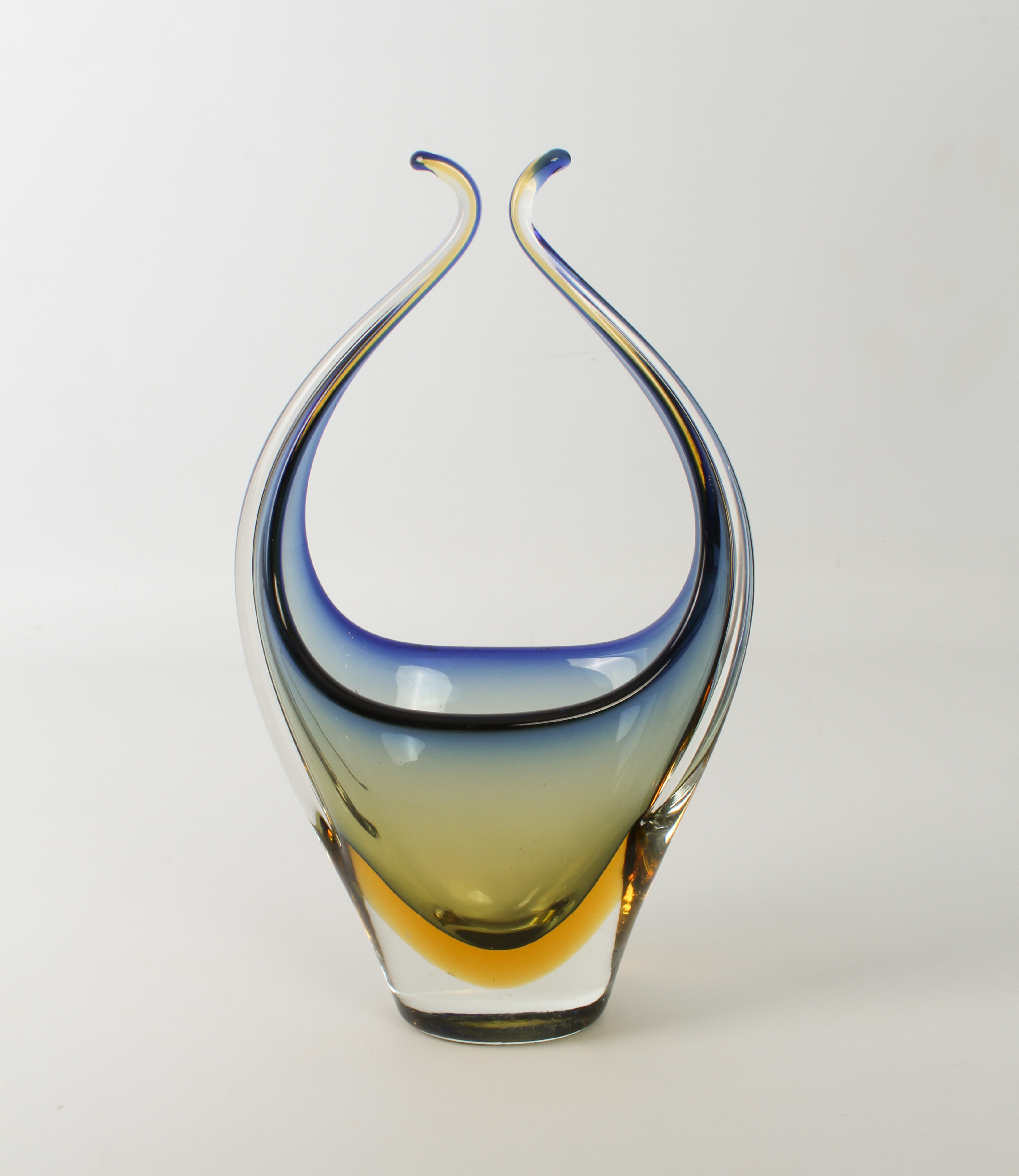 Four pieces of vintage Murano art glass: 1. a horned vase in blue, yellow and clear glass, - Image 2 of 12