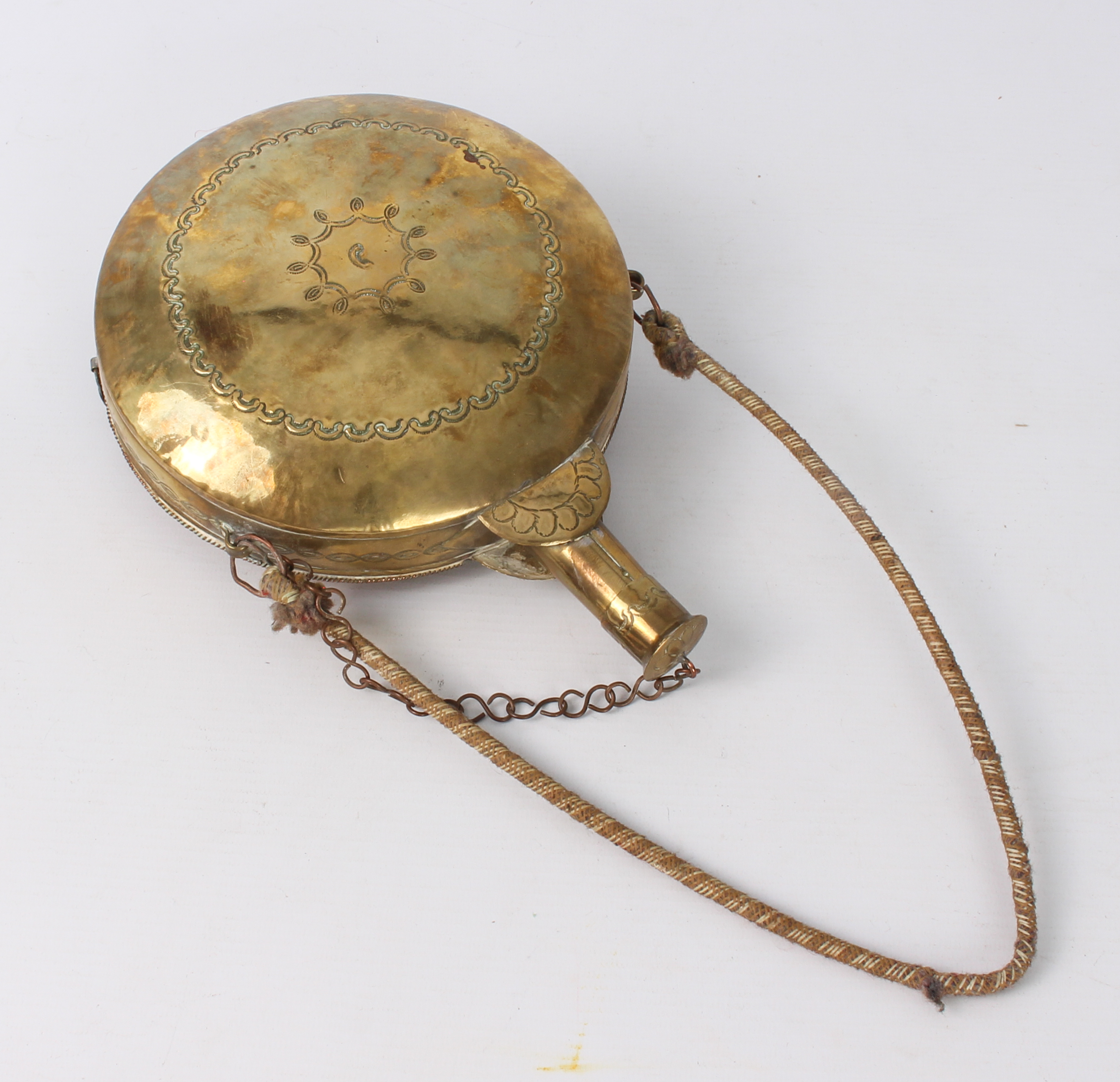 A Turkish copper, brass and white metal powder flask - 20th century, drum-shaped with cylindrical - Image 4 of 5