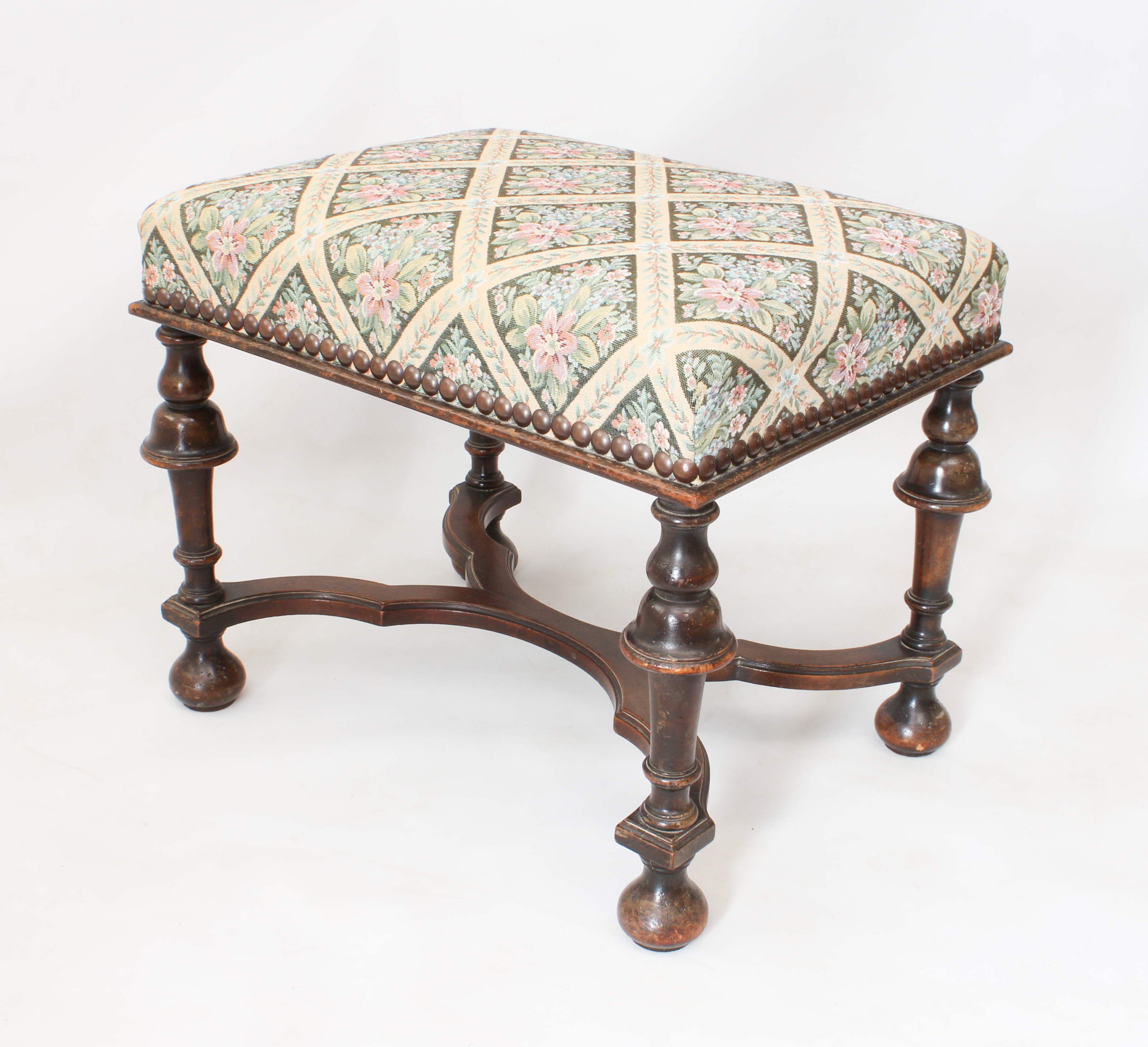 A late 17th century style stained beechwood stool - early 20th century, the later upholstered