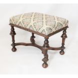 A late 17th century style stained beechwood stool - early 20th century, the later upholstered