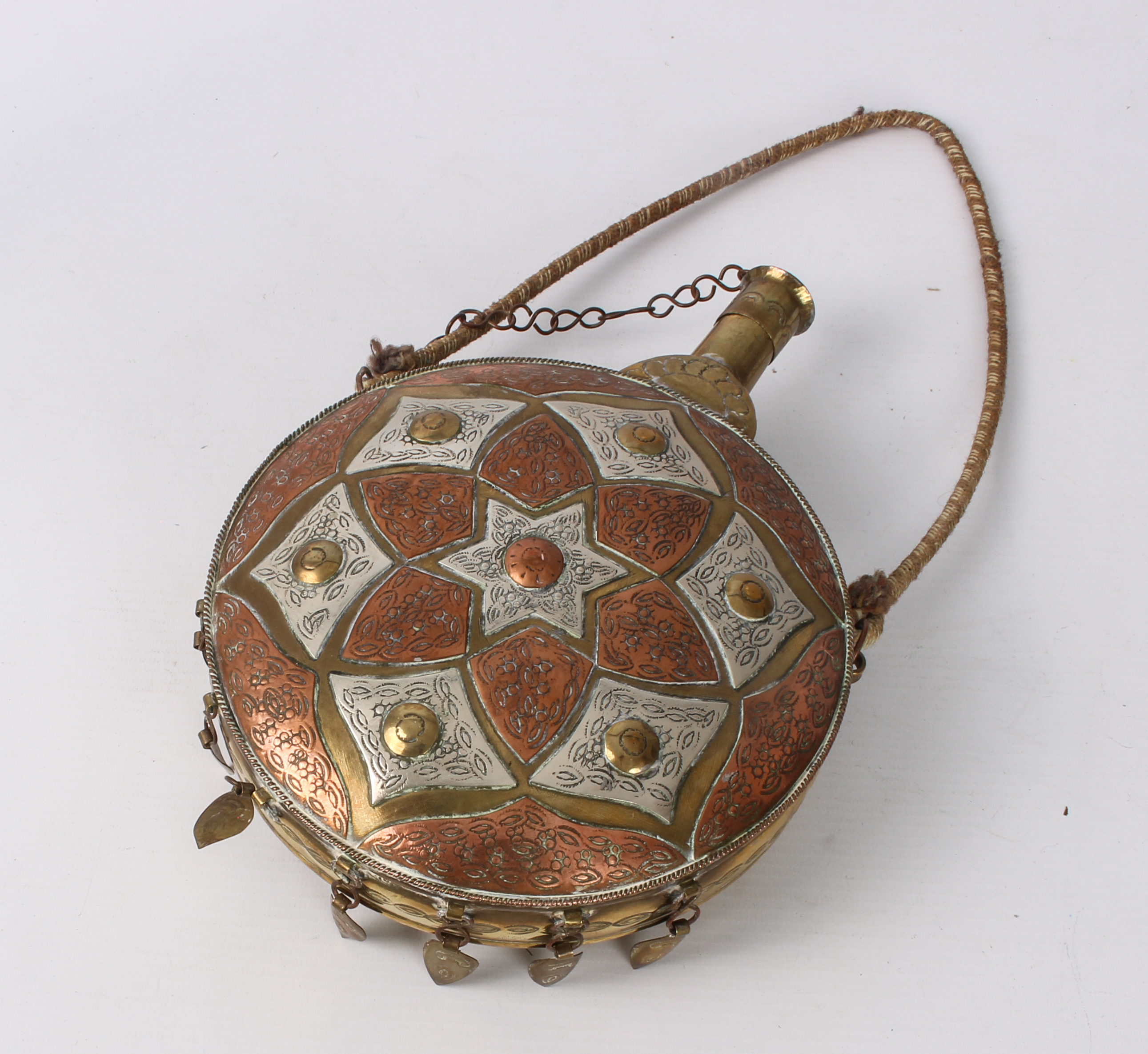 A Turkish copper, brass and white metal powder flask - 20th century, drum-shaped with cylindrical - Image 3 of 5