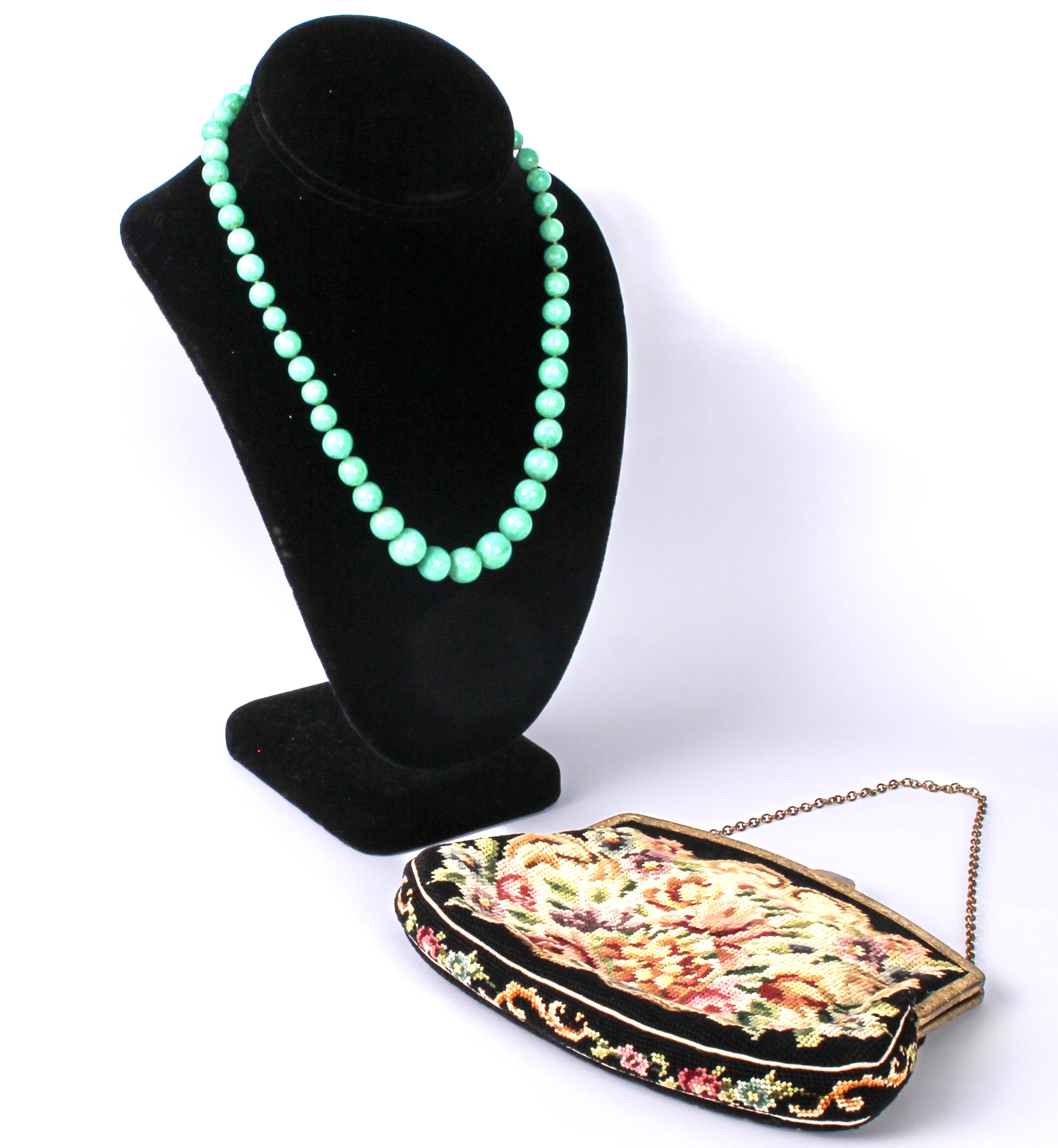 A vintage green glass jade-style bead necklace - mid-century, with 9ct gold clasp, 45.75 cm long;