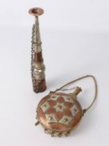 A Turkish copper, brass and white metal powder flask - 20th century, drum-shaped with cylindrical