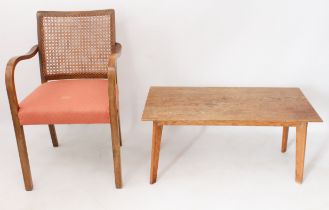 A mid-century armchair and coffee table - comprising a 1930s-50s bentwood beech and cane armchair,